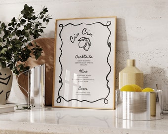 Hand-drawn Lemon Bar, Drink, Cocktail Menu, Editable, Printable menu - Wedding menu stationery, Digital download A4, event stationery