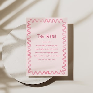 Pink Watercolour, Hand painted, Squiggle Bridal Shower or Event Menu - Digital, downloadable, printable 5X7, wedding stationery template