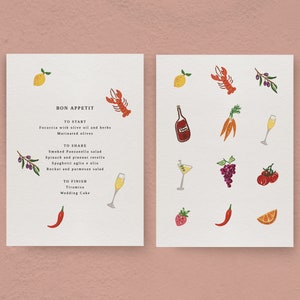 Menu italien illustré modifiable, personnalisable, imprimable - Papeterie pour menu de mariage, téléchargement numérique 5 X 7, menu de papeterie pour événement, menu de nourriture