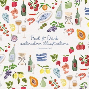 Oltre 30 illustrazioni ad acquerello di cibo e bevande / Icone disegnate a mano per inviti, cancelleria / Download digitale in formato PNG / Eventi fai da te, biglietti, menu