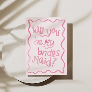 Roze aquarel Squiggle Be My Bridesmaid Proposal Card - Digitaal, bewerkbaar, downloadbaar, afdrukbaar 5X7, sjabloon voor bruiloft briefpapier