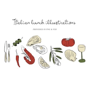 Ilustraciones de comida italiana dibujadas a mano / Iconos esbozados para invitaciones, papelería / Descarga digital PNG / Eventos, tarjetas y menús DIY