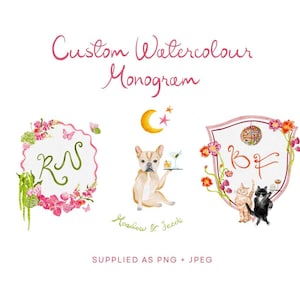 Può includere: Disegni di monogrammi ad acquerello con illustrazioni floreali e di animali. L'immagine presenta tre monogrammi personalizzati con la scritta "Custom Watercolour Monogram" in rosa. Ogni disegno include iniziali, fiori e animali.