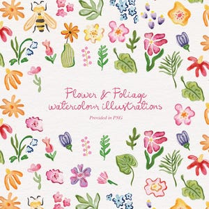 Mais de 25 ilustrações de flores e folhagens em aquarela | Ícones pintados para convites e papelaria | Download digital, eventos DIY, cartões, cardápios