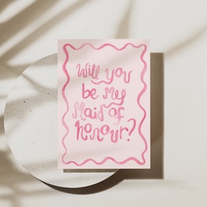 Tarjeta de propuesta de garabato de acuarela rosa Be My Maid of Honor - Digital, descargable, imprimible 5X7, plantilla de papelería de boda