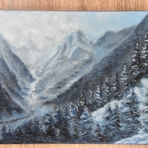 Original Mountain Oil Painting on Canvas – Misty Landscape Wall Art – Alpine Forest Nature Scene – 12x16 inches Handmade Artwork