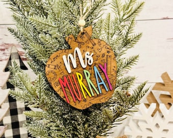 Personalized Teacher Apple Ornament, Rainbow Name, Christmas Gift