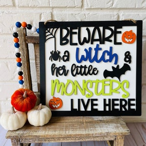 A Witch Lives Here With Her Monsters door hanger, halloween sign, fall Sign, fall Decor, halloween decorations, halloween pumpkin decor