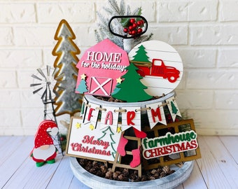 Farmhouse Christmas Tiered Tray Decor, 7 Piece Set