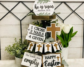 He Is Risen Easter Tier Tray Set, Christian Farmhouse Decor