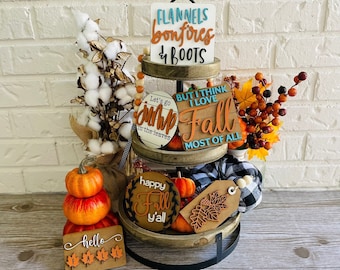 Hand Painted Fall Tiered Tray Decor Set, Farmhouse Autumn Accents