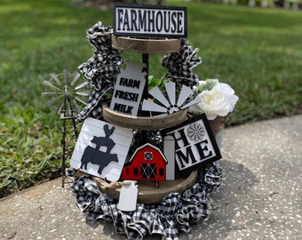 Farmhouse Tiered Tray Decor Set, Hand-Painted Birch