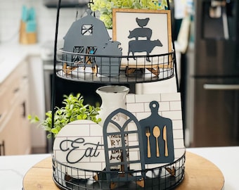 Farmhouse Tiered Tray Decor Set, Hand Painted Laser Cut Accents