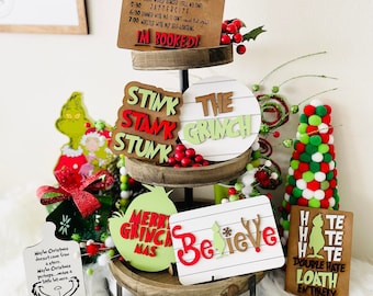 Hand Painted Grinch Tier Tray Decor, 3D Mini Signs (7 Piece Set)