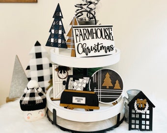 Personalized Farmhouse Christmas Tier Tray Set, Laser Cut Decor