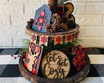 Plaid Christmas Tiered Tray Decor Set, Farmhouse Signs