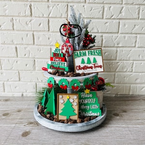 Farm Fresh Christmas Tree Tiered Tray, 8 Piece Set, Christmas Decor, Christmas Signs, Winter Tiered Tray, Christmas Tier Tray