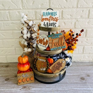 Happy Fall Y'all Tiered Tray, I love fall most of all, fall tier tray set pumpkin tiered tray, flannel bonfires and boots, farmhouse decor image 1