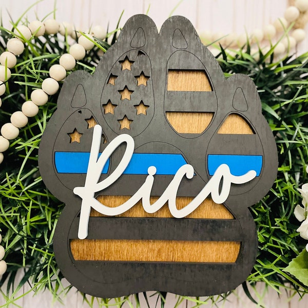 Personalized K9 Paw Print Sign, Thin Blue Line, Law Enforcement Gift