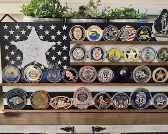 Custom Law Enforcement Challenge Coin Holder – Police Thin Line Display – Personalized Badge – 18” Coin Rack – Officer Gift - Coin Display