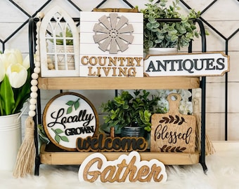 Rustic Country Living Tier Tray Decor Set, Farmhouse Wooden Mini Signs
