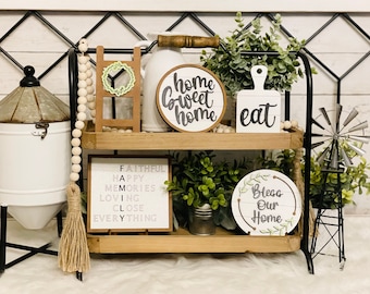Farmhouse Tiered Tray Decor Set, Hand Painted, Laser Cut