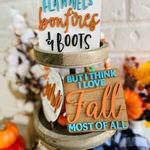 Happy Fall Y'all Tiered Tray, I love fall most of all, fall tier tray set pumpkin tiered tray, flannel bonfires and boots, farmhouse decor image 4