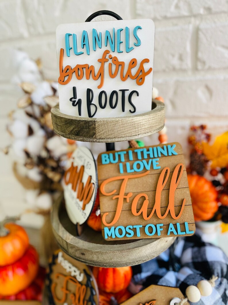 Happy Fall Y'all Tiered Tray, I love fall most of all, fall tier tray set pumpkin tiered tray, flannel bonfires and boots, farmhouse decor image 4