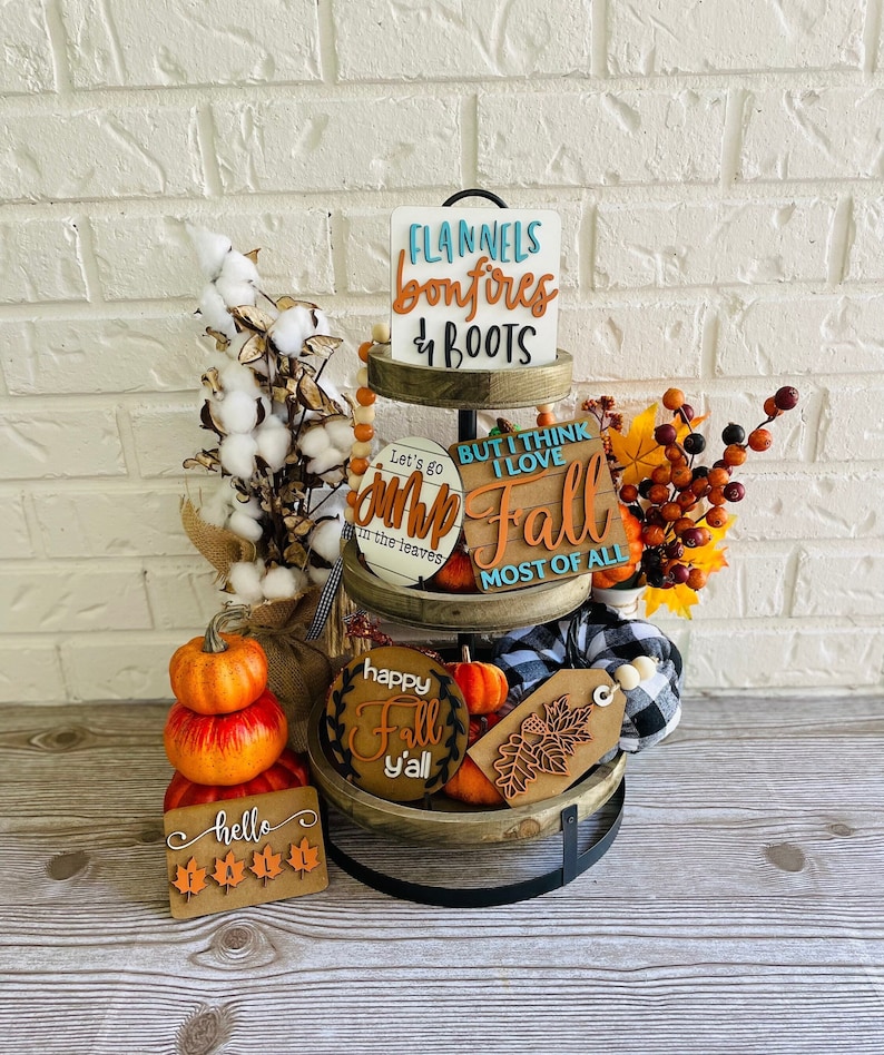 Happy Fall Y'all Tiered Tray, I love fall most of all, fall tier tray set pumpkin tiered tray, flannel bonfires and boots, farmhouse decor image 1