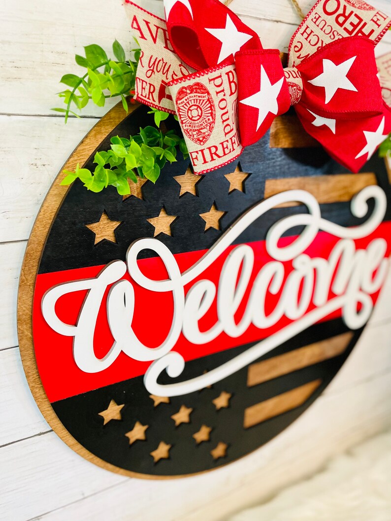 Welcome Fire Sign Firefighter Door Hanger, Thin Red Line Welcome Sign - Etsy