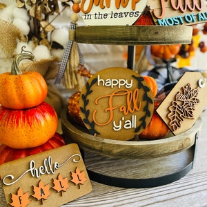 Happy Fall Y'all Tiered Tray, I love fall most of all, fall tier tray set pumpkin tiered tray, flannel bonfires and boots, farmhouse decor image 5