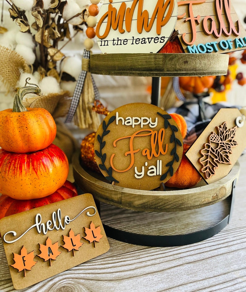 Happy Fall Y'all Tiered Tray, I love fall most of all, fall tier tray set pumpkin tiered tray, flannel bonfires and boots, farmhouse decor image 5