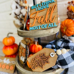 Happy Fall Y'all Tiered Tray, I love fall most of all, fall tier tray set pumpkin tiered tray, flannel bonfires and boots, farmhouse decor image 6