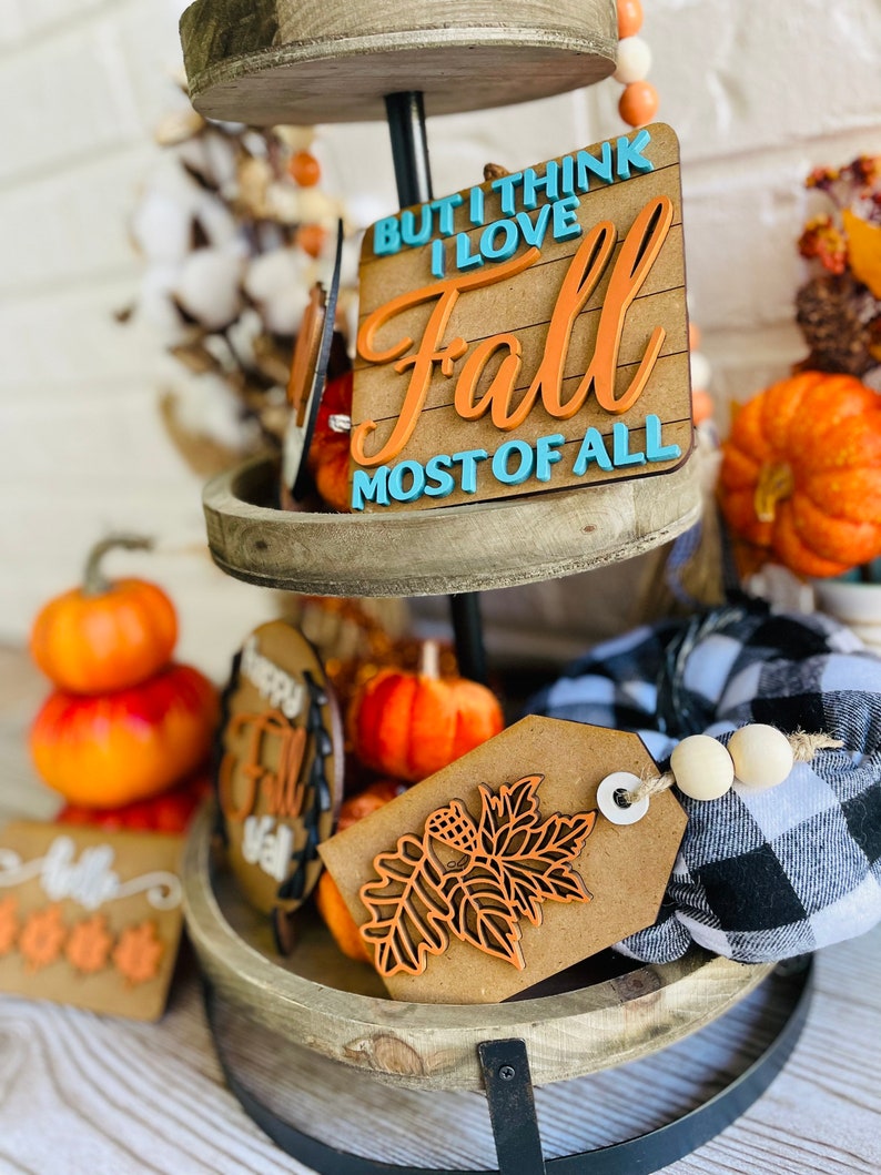 Happy Fall Y'all Tiered Tray, I love fall most of all, fall tier tray set pumpkin tiered tray, flannel bonfires and boots, farmhouse decor image 6