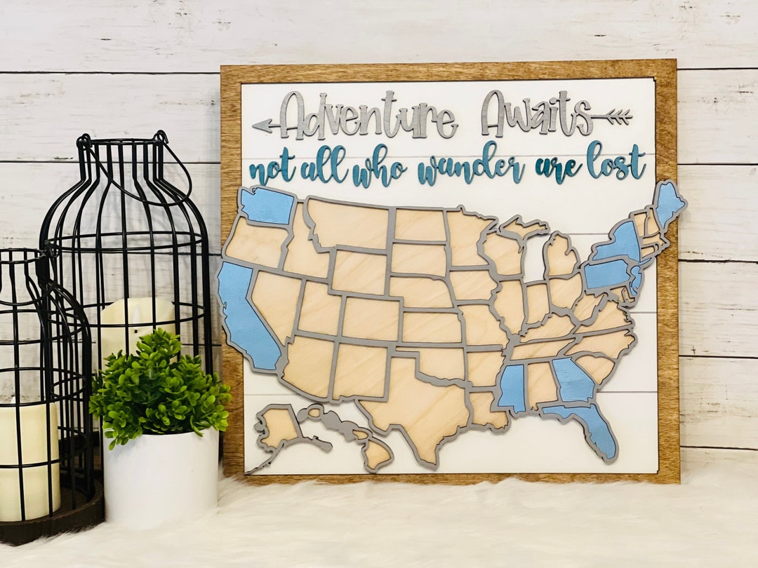 Travel Map Sign Adventure Awaits 3D Travel Map Sign, Travel State Map Sign Calendar, RV ...