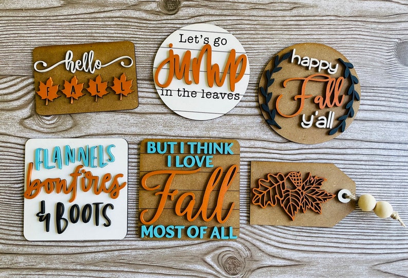 Happy Fall Y'all Tiered Tray, I love fall most of all, fall tier tray set pumpkin tiered tray, flannel bonfires and boots, farmhouse decor image 2