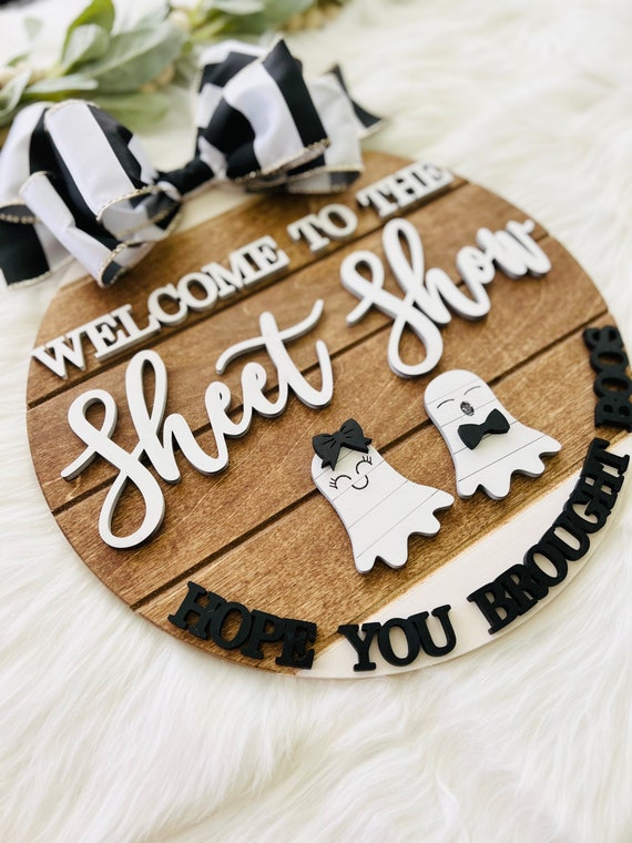 Halloween Door Sign, Halloween Wreath, Sheet Show Sign, Black and White Door Sign, Fall Door Hanger, Custom Door Hanger, Wooden Door