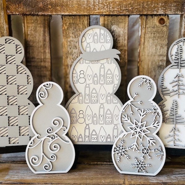 Patterned Snowmen Decor, 5 Piece Winter Tier Tray Decorations