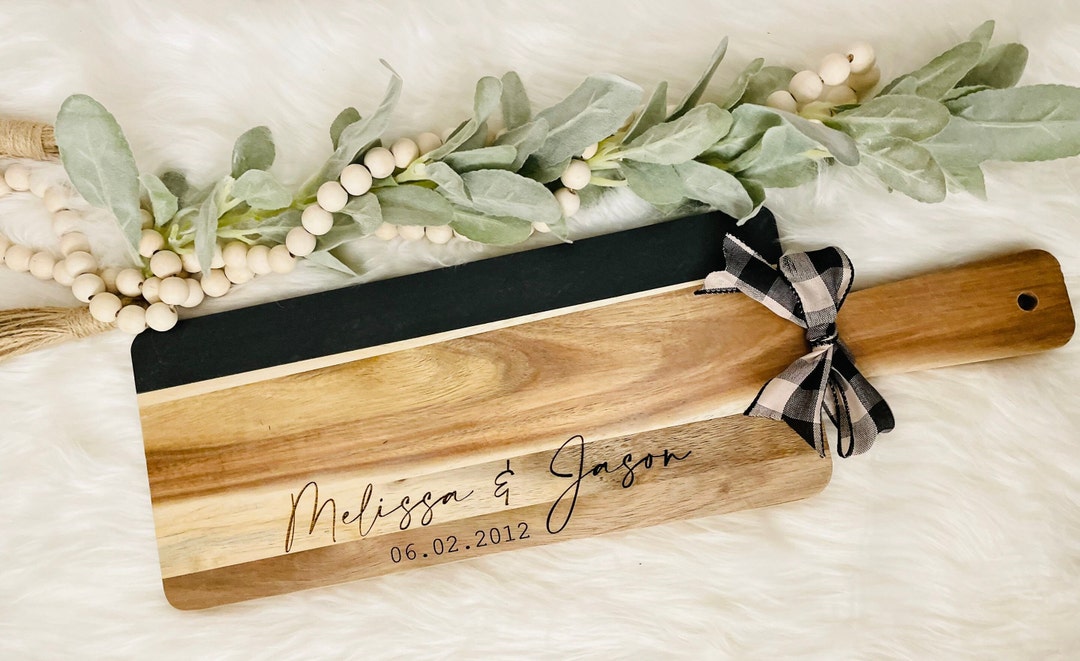 Engraved Acacia Wood Charcuterie Board, Slate Serving Board, Custom ...