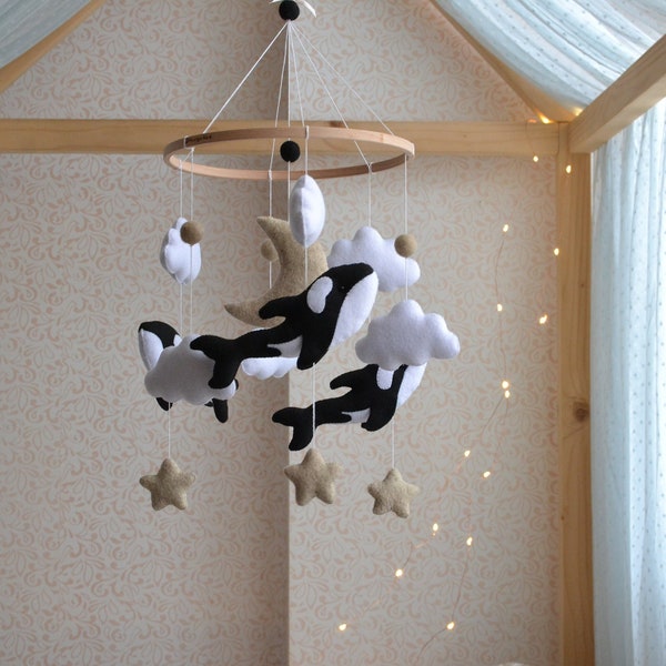 Killer Whale mobile, orca baby mobile, whale baby mobile ,Nautical mobile nursery Ocean hanging crib mobile orcas,star clouds nursery mobile