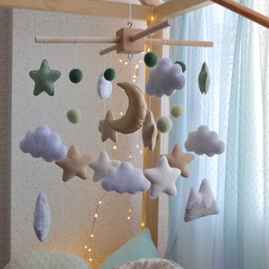 Baby mobile with stars and moon - Mountain felt crib mobile, woodland nursery mobile