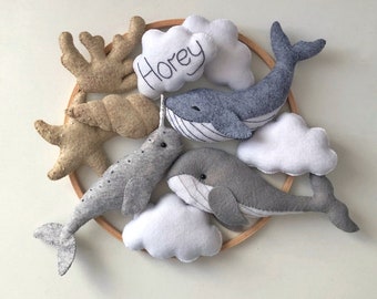 Whale baby mobile nursery Felt baby mobile boy narwhal gray whale Sea ocean waves nursery hanging crib mobile newborn baby shower gift
