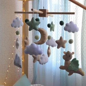 Dragon baby mobile for crib , woodland baby mobile , fantasy baby nursery , fairytale mobile with dragon and mountain , baby dragon nursery