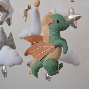 Green Dragon baby mobile , Baby boy mobile,  Dragon Mobile , Baby crib mobile ,   Fantasy baby nursery with Dragon and gold moon.