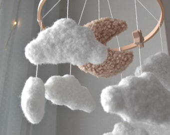 Boucle Moon and Clouds Baby Mobile for Crib, Neutral Nursery Decor, Beige Baby Room , Handmade Newborn Gift, Minimalist Nursery