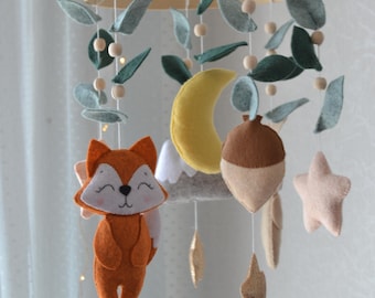Handmade Baby Mobile With Forest Animals Bunny , Fox, Clouds and Stars Nursery Decor, Newborn Gift