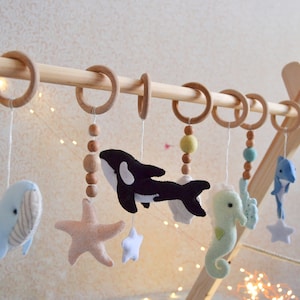 Baby Play Gym Toys, Whale nursery accessory, Montessori toys, Ocean baby play gym toys, hanging felt toys, whale gym toy, Wood Baby Play Gym