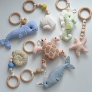 Ocean baby play gym toys with narwhal, whale , turtle and shell , Nautical nursery infant play gym , Sea hanging felt toys .