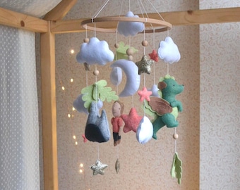 Dragon baby mobiel voor meisjeskamer, groene draak wieg mobiel, cadeau pasgeborene, decor fantasie kinderkamer