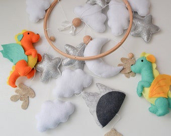 Dragon baby mobile,  Fantasy nursery mobile, Felt dragon ,Scandinavian mobile ,  Shiny stars mobile,  baby shower gift,personalized gifts